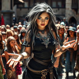 A bustling medieval courtyard filled with colorful characters, showcasing a captivating 18-year-old girl with a thin, beautiful face radiating innocence and charm