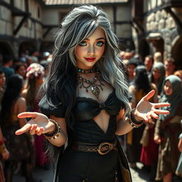A bustling medieval courtyard filled with colorful characters, showcasing a captivating 18-year-old girl with a thin, beautiful face radiating innocence and charm