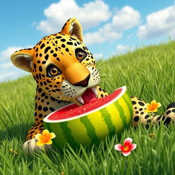 A playful scene of a majestic leopard sitting on a grassy field under a bright blue sky, happily eating a juicy watermelon