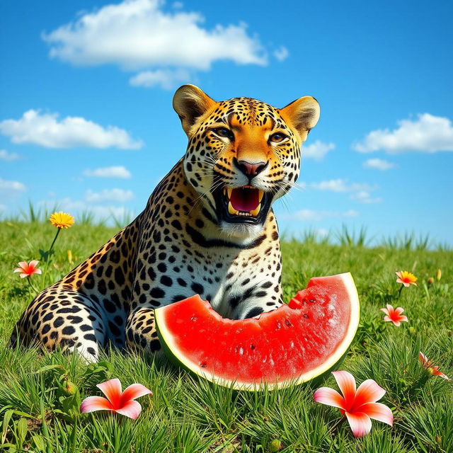 A playful scene of a majestic leopard sitting on a grassy field under a bright blue sky, happily eating a juicy watermelon