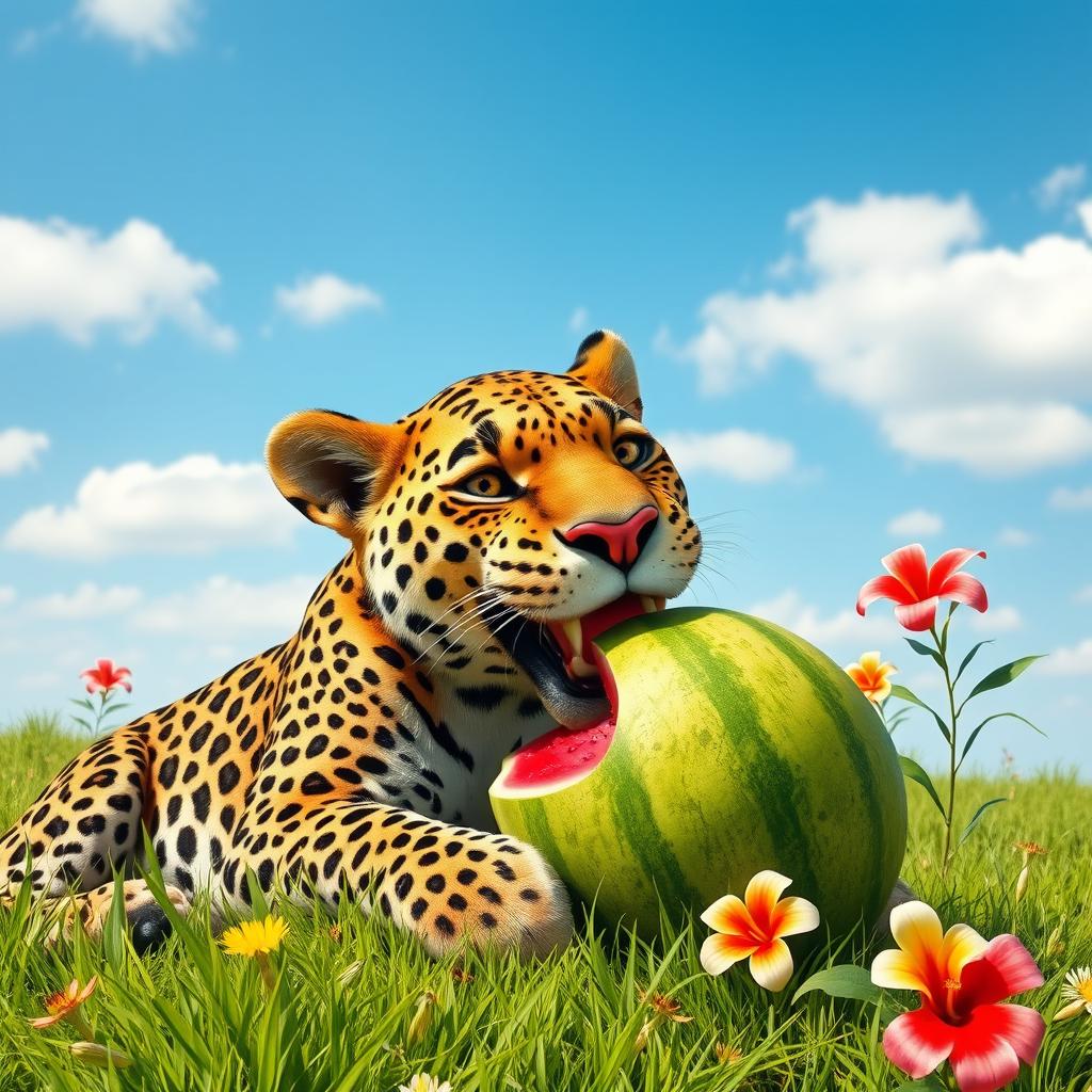 A playful scene of a majestic leopard sitting on a grassy field under a bright blue sky, happily eating a juicy watermelon