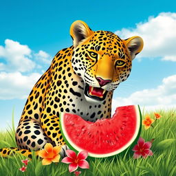 A playful scene of a majestic leopard sitting on a grassy field under a bright blue sky, happily eating a juicy watermelon