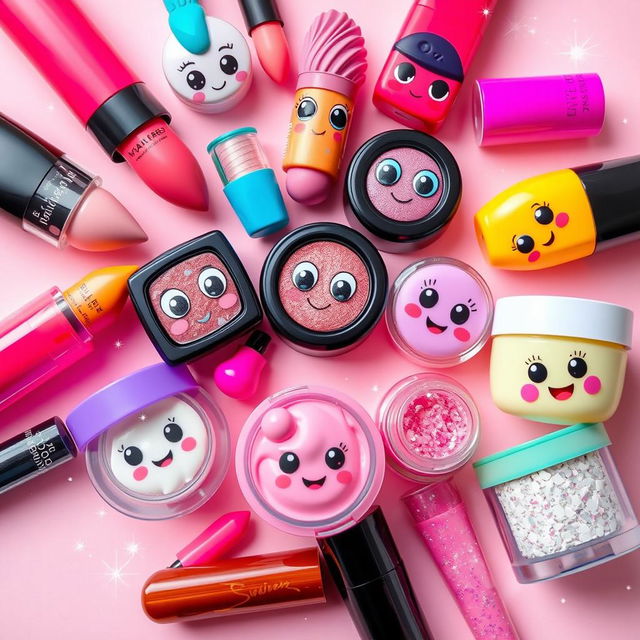 An Instagram story-sized image showcasing an assortment of colorful and vibrant makeup products, creatively arranged