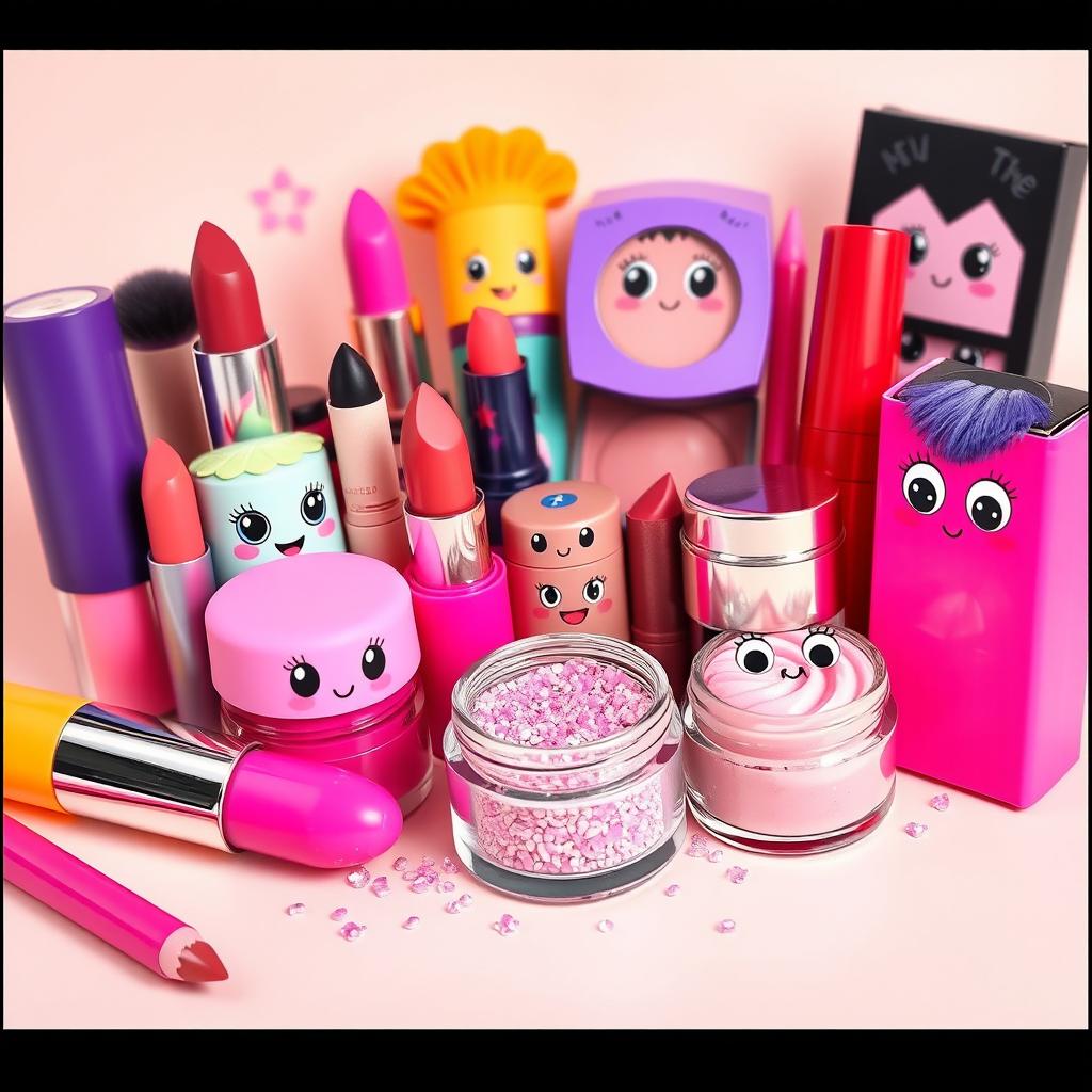 An Instagram story-sized image showcasing an assortment of colorful and vibrant makeup products, creatively arranged