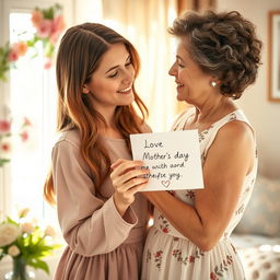 A beautiful and touching scene depicting a daughter giving a heartfelt Mother's Day card to her mother, conveying love and appreciation
