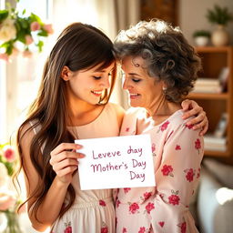 A beautiful and touching scene depicting a daughter giving a heartfelt Mother's Day card to her mother, conveying love and appreciation