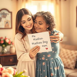 A beautiful and touching scene depicting a daughter giving a heartfelt Mother's Day card to her mother, conveying love and appreciation