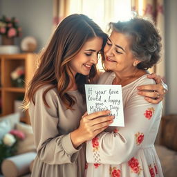 A beautiful and touching scene depicting a daughter giving a heartfelt Mother's Day card to her mother, conveying love and appreciation
