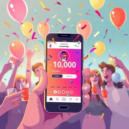 A digital illustration showcasing a vibrant, celebratory scene inspired by social media culture, featuring a smartphone displaying the Instagram profile of a user named 'royazendgi'