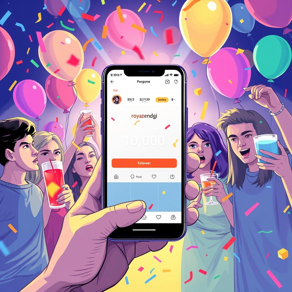 A digital illustration showcasing a vibrant, celebratory scene inspired by social media culture, featuring a smartphone displaying the Instagram profile of a user named 'royazendgi'