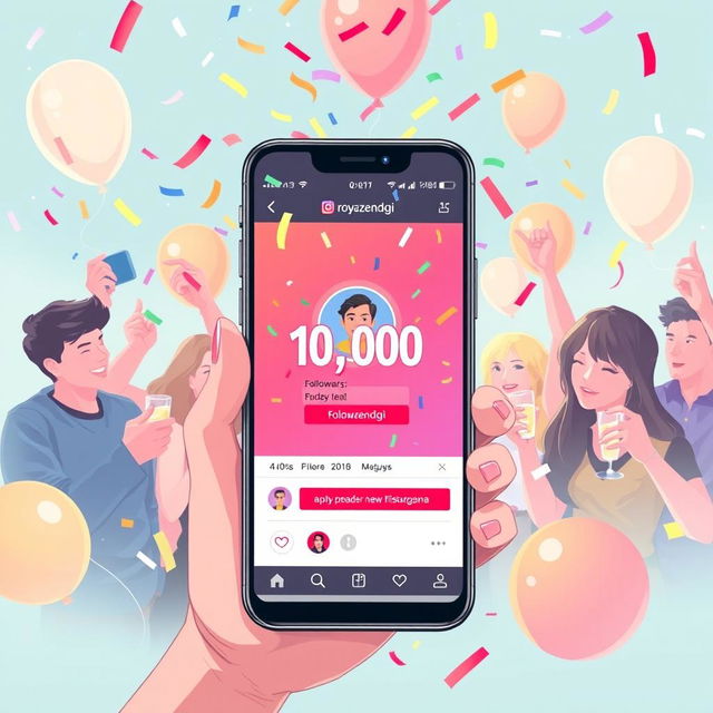 A digital illustration showcasing a vibrant, celebratory scene inspired by social media culture, featuring a smartphone displaying the Instagram profile of a user named 'royazendgi'