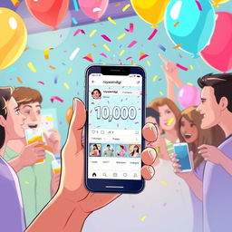 A digital illustration showcasing a vibrant, celebratory scene inspired by social media culture, featuring a smartphone displaying the Instagram profile of a user named 'royazendgi'