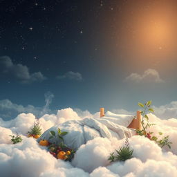 A dreamy landscape depicting the concept of sleep and nourishment, featuring a serene night sky filled with twinkling stars
