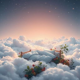 A dreamy landscape depicting the concept of sleep and nourishment, featuring a serene night sky filled with twinkling stars