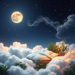 A dreamy landscape depicting the concept of sleep and nourishment, featuring a serene night sky filled with twinkling stars