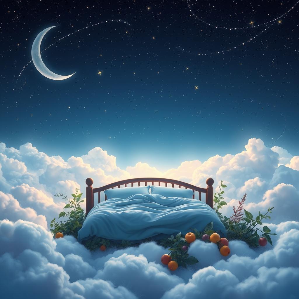 A dreamy landscape depicting the concept of sleep and nourishment, featuring a serene night sky filled with twinkling stars