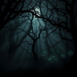 A hauntingly beautiful dark forest scene, with gnarled trees creating a dense canopy overhead