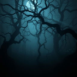 A hauntingly beautiful dark forest scene, with gnarled trees creating a dense canopy overhead