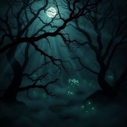 A hauntingly beautiful dark forest scene, with gnarled trees creating a dense canopy overhead