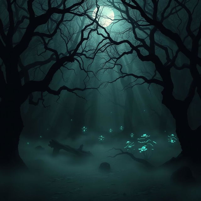 A hauntingly beautiful dark forest scene, with gnarled trees creating a dense canopy overhead