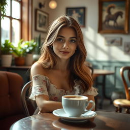 A stunningly beautiful, artistic portrait of a young woman sitting in a cozy, sunlit café, with soft natural light illuminating her face