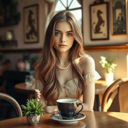 A stunningly beautiful, artistic portrait of a young woman sitting in a cozy, sunlit café, with soft natural light illuminating her face