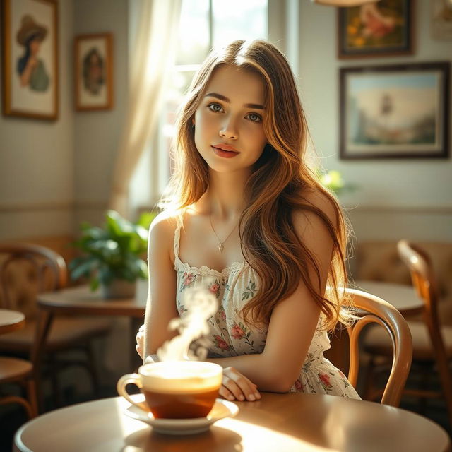 A stunningly beautiful, artistic portrait of a young woman sitting in a cozy, sunlit café, with soft natural light illuminating her face