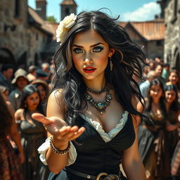 A bustling medieval courtyard scene alive with energy and excitement