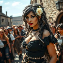 A bustling medieval courtyard scene alive with energy and excitement