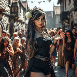 A bustling medieval courtyard scene alive with energy and excitement