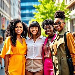 A vibrant and colorful portrait of a group of three diverse women standing together in an urban setting