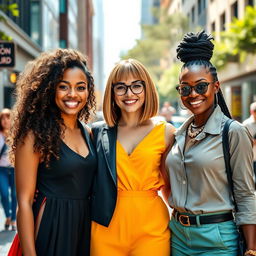 A vibrant and colorful portrait of a group of three diverse women standing together in an urban setting