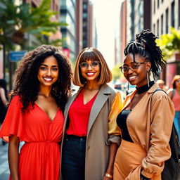 A vibrant and colorful portrait of a group of three diverse women standing together in an urban setting