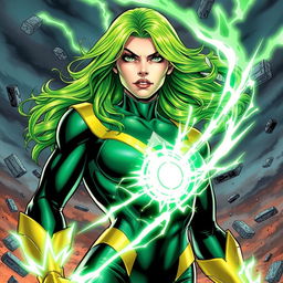 A highly detailed illustration of Polaris from Marvel's X-Men, showcasing her vibrant green hair and striking costume, with her powers manifesting as magnetic energy swirling around her