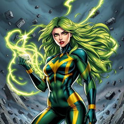 A highly detailed illustration of Polaris from Marvel's X-Men, showcasing her vibrant green hair and striking costume, with her powers manifesting as magnetic energy swirling around her