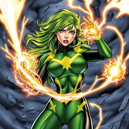 A highly detailed illustration of Polaris from Marvel's X-Men, showcasing her vibrant green hair and striking costume, with her powers manifesting as magnetic energy swirling around her