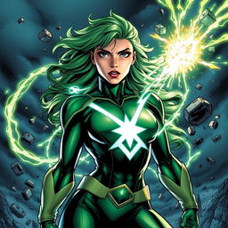 A highly detailed illustration of Polaris from Marvel's X-Men, showcasing her vibrant green hair and striking costume, with her powers manifesting as magnetic energy swirling around her