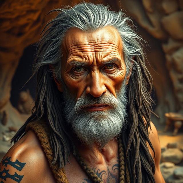 An ancient human portrait depicting a beautifully detailed and realistic old man from prehistoric times