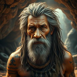 An ancient human portrait depicting a beautifully detailed and realistic old man from prehistoric times