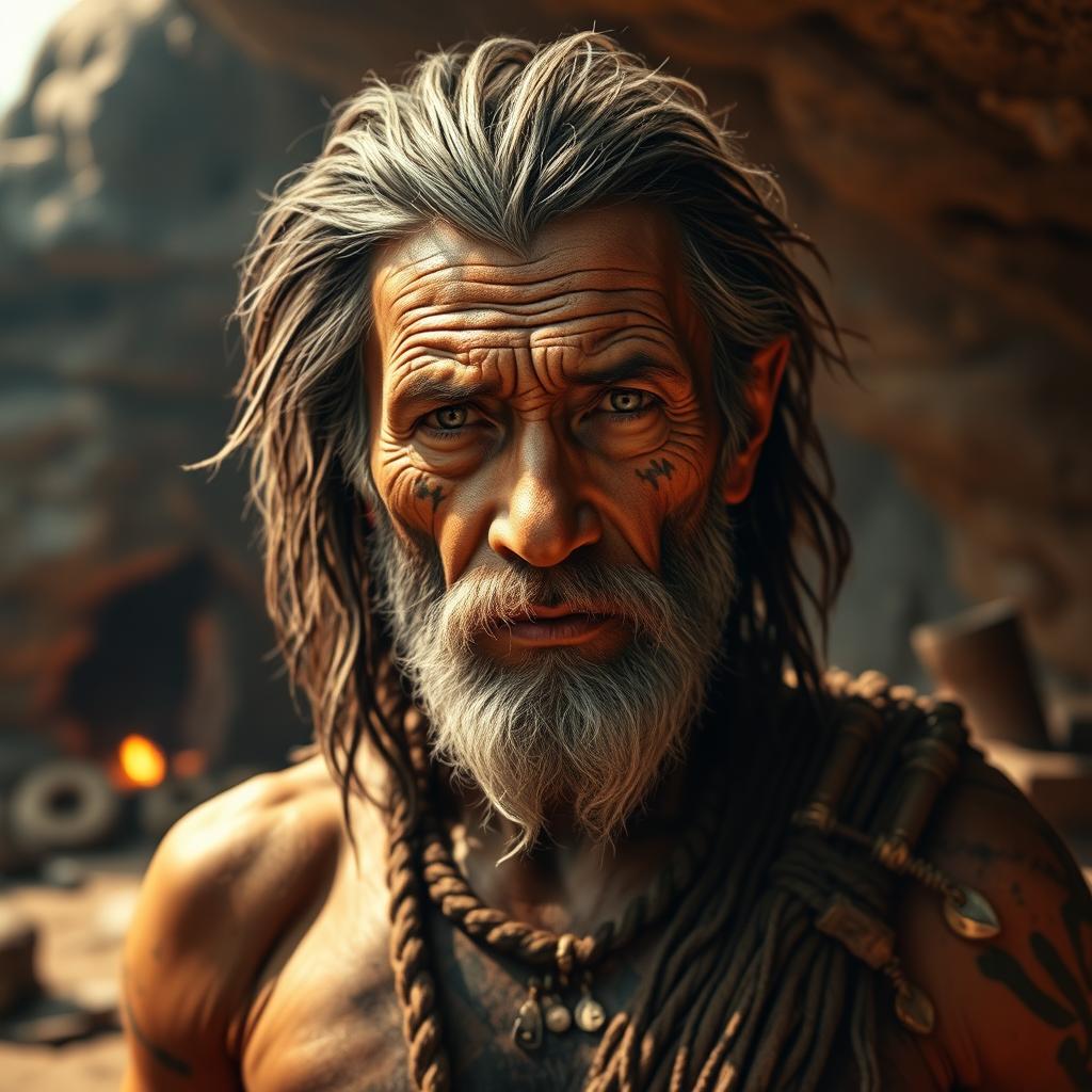 An ancient human portrait depicting a beautifully detailed and realistic old man from prehistoric times