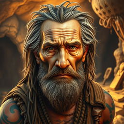 An ancient human portrait depicting a beautifully detailed and realistic old man from prehistoric times