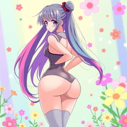 An anime girl with strikingly large features, standing confidently with her back turned, showcasing her voluptuous figure