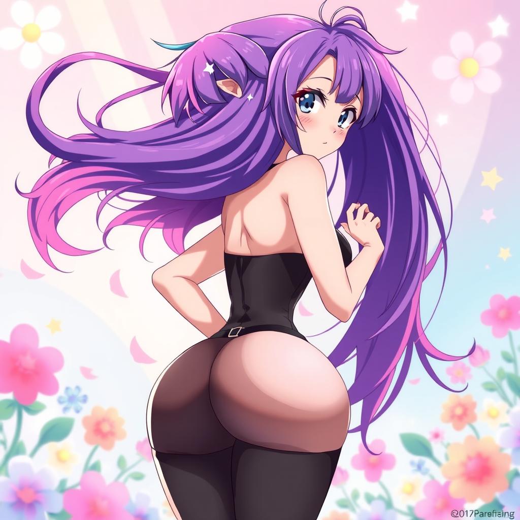 An anime girl with strikingly large features, standing confidently with her back turned, showcasing her voluptuous figure