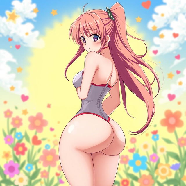 An anime girl with strikingly large features, standing confidently with her back turned, showcasing her voluptuous figure