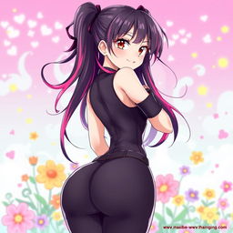 An anime girl with strikingly large features, standing confidently with her back turned, showcasing her voluptuous figure