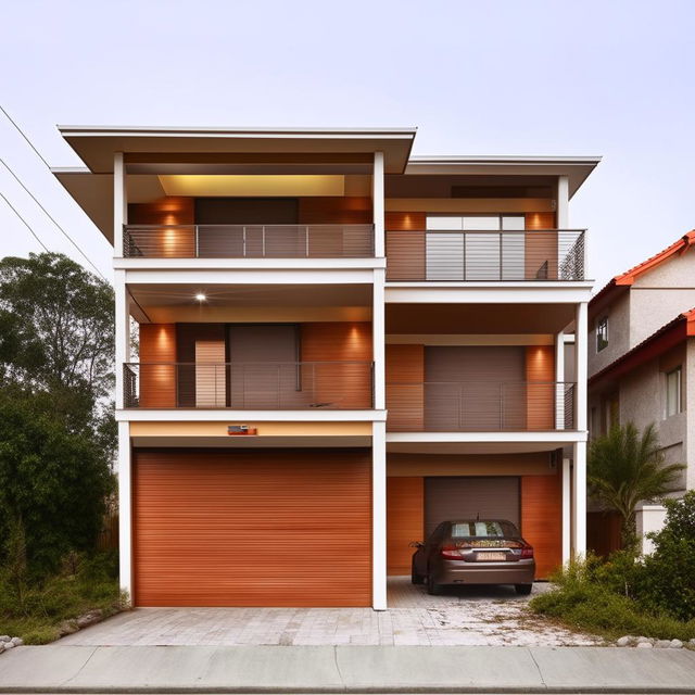 A three-story house covering an area of 120 square meters, featuring a garage on the left side.