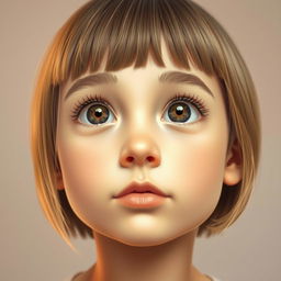 A portrait of a light wheat skin tone girl with short hair reaching just below her ears