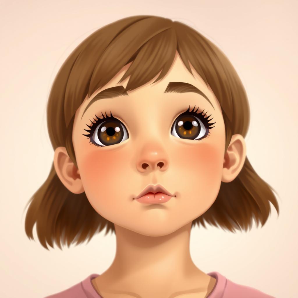 A portrait of a light wheat skin tone girl with short hair reaching just below her ears