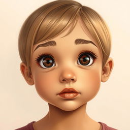 A portrait of a light wheat skin tone girl with short hair reaching just below her ears