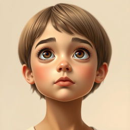 A portrait of a light wheat skin tone girl with short hair reaching just below her ears